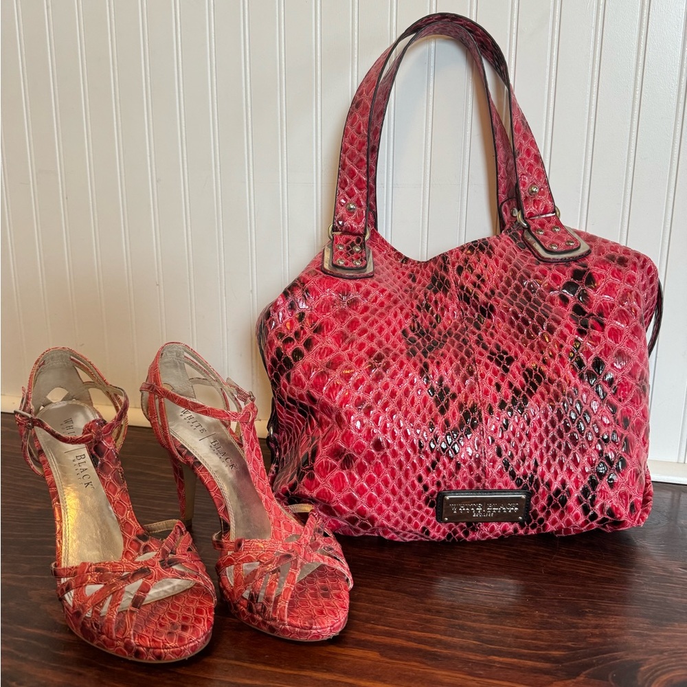 Vintage White House Black Market Pink/Black Snakeskin Handbag w/ matching Heels